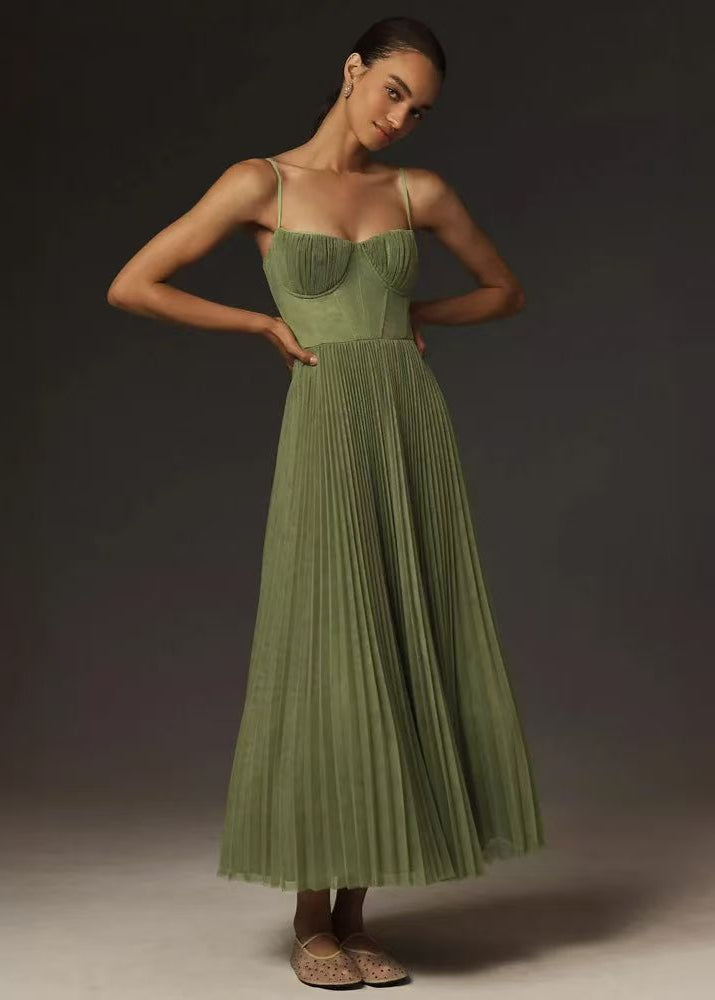 Pleated Midi Corset Dress Synthetic Fabric Green