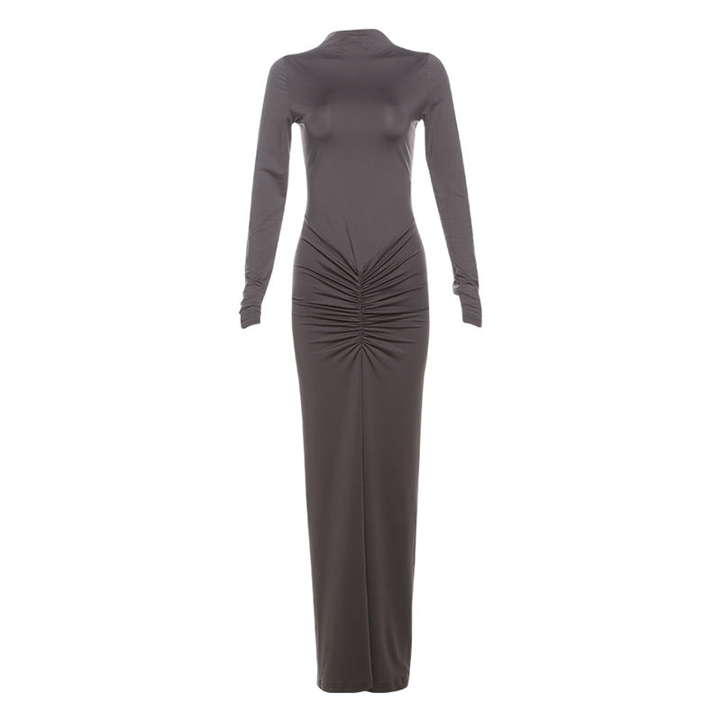 Elegant Solid Color Long Sleeve Maxi Dress With Ruching