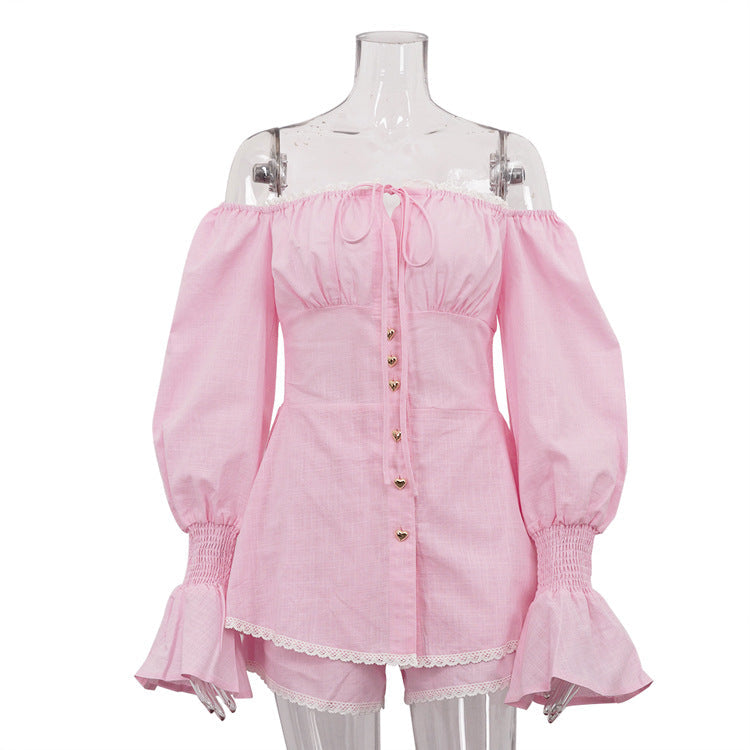 Pink Lace Trim Off-Shoulder Blouse and Shorts Set