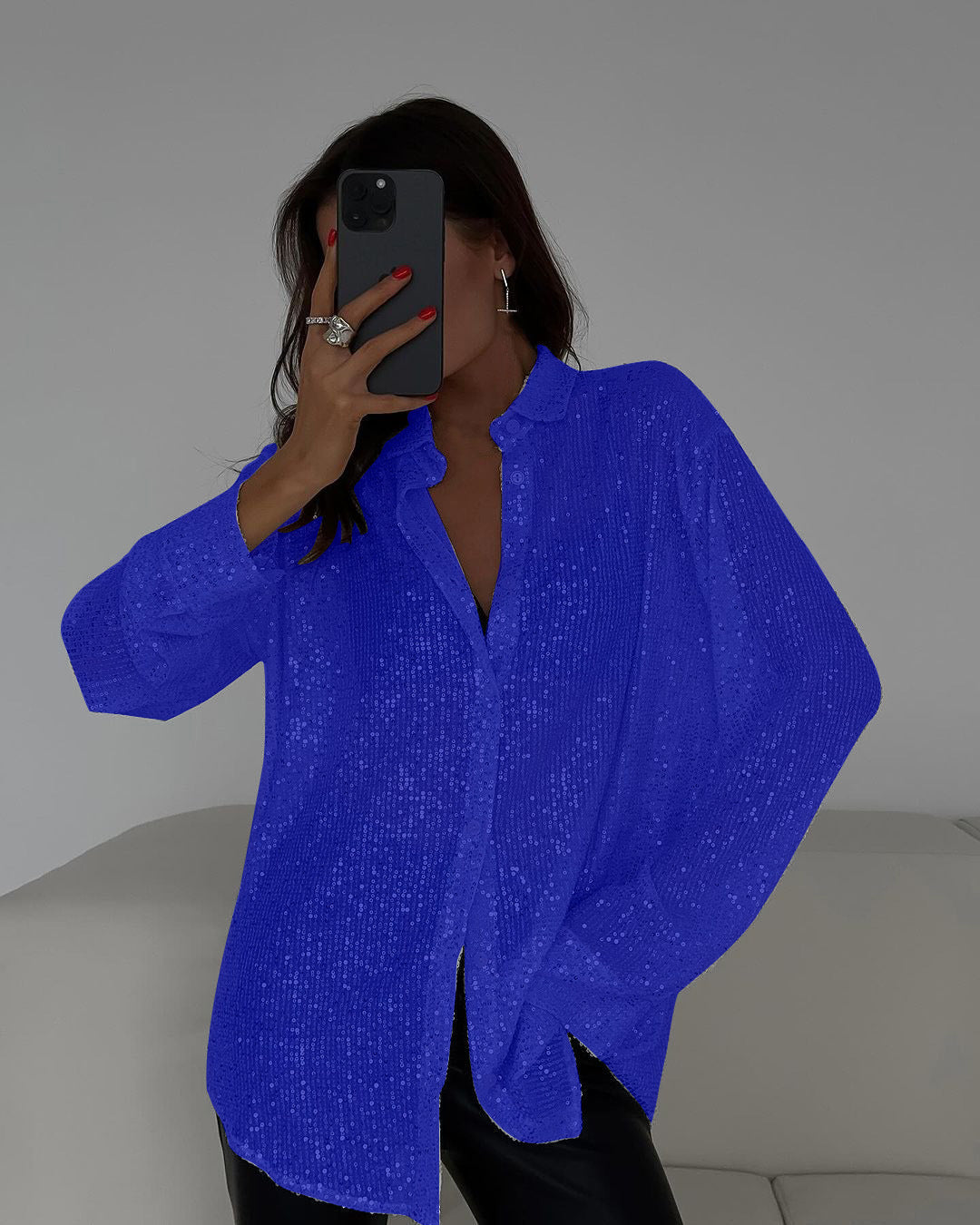 Sequin Collared Long Sleeve Shirt For Women