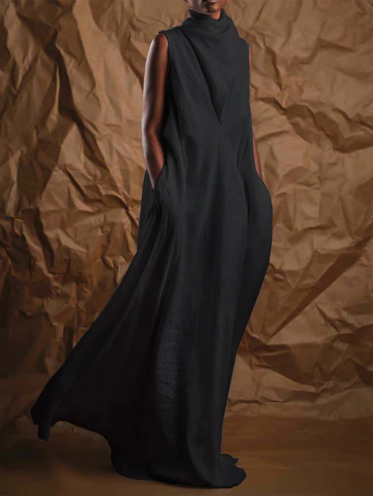 Women'S Sleeveless Stacking Collar Long Mop Dress