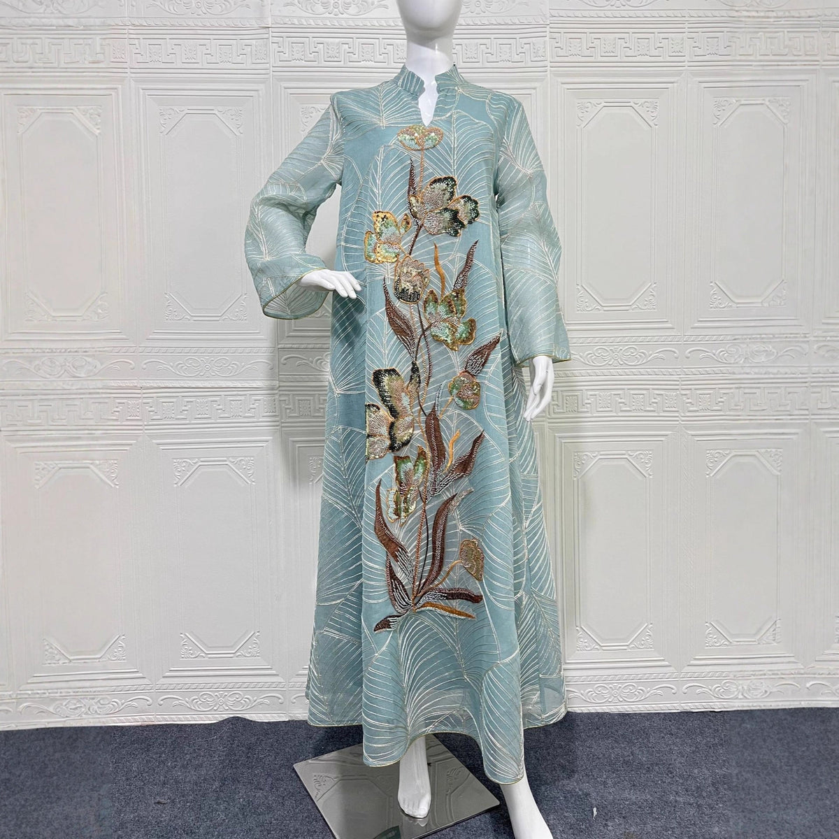 Embroidered Mesh Maxi Dress Elegant Muslim Abaya