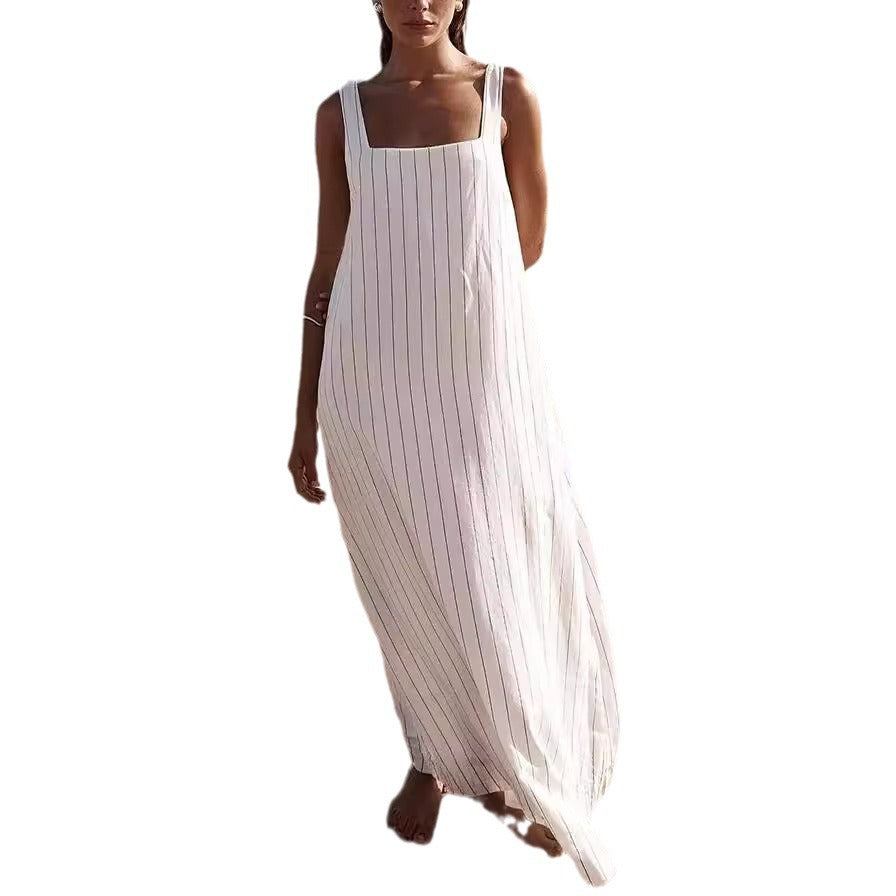 Sleeveless Striped A-Line Dress Comfortable Casual Polyester