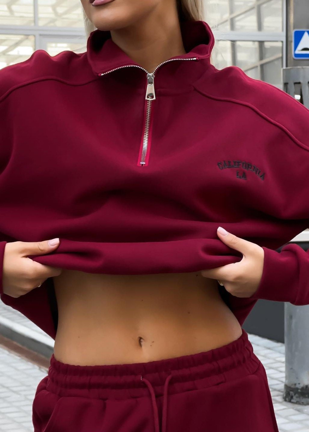 Zip Sweatshirt And Joggers Set In Burgundy