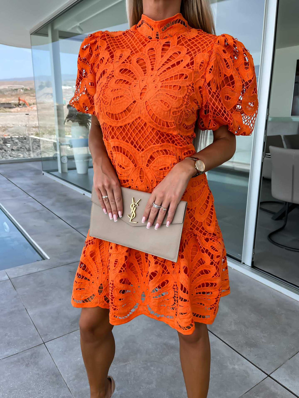 Elegant Hollow Lace Dress with Ruffles for Commuting