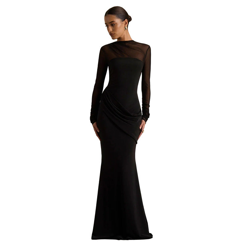 Elegant High-Waisted Sheer Long Sleeve Dress