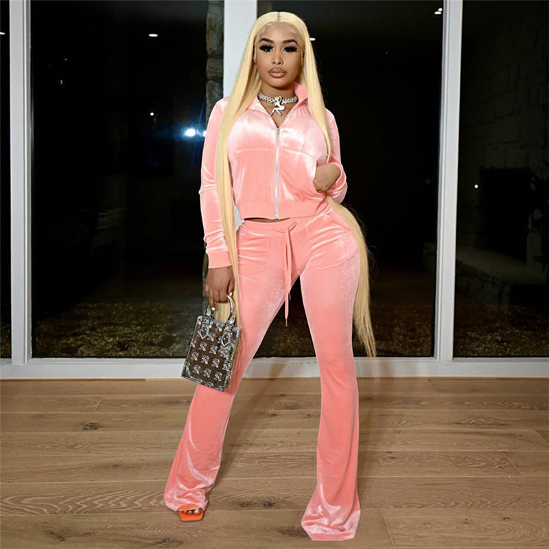 Zip-Up Hooded Crop Top And High-Waisted Flare Pants Set