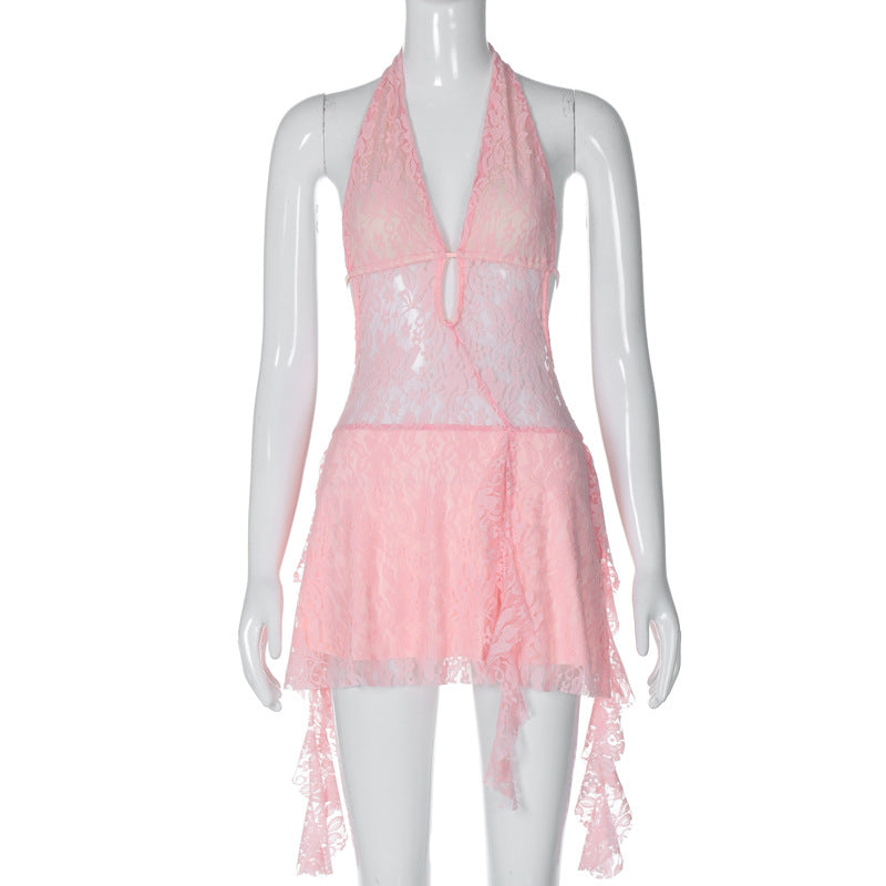 Sexy Lace Deep V Backless Mini Dress with Ribbons