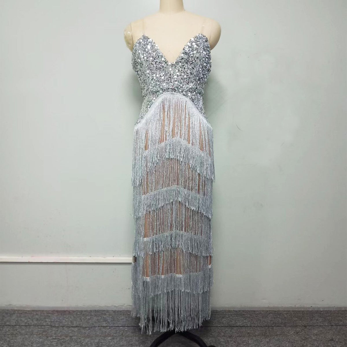 Sequin Tassel Bodycon Dress With Spaghetti Straps