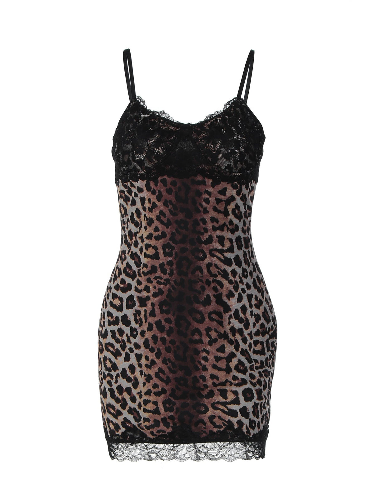 Sleeveless Leopard Print Bodycon Dress with Lace Trim