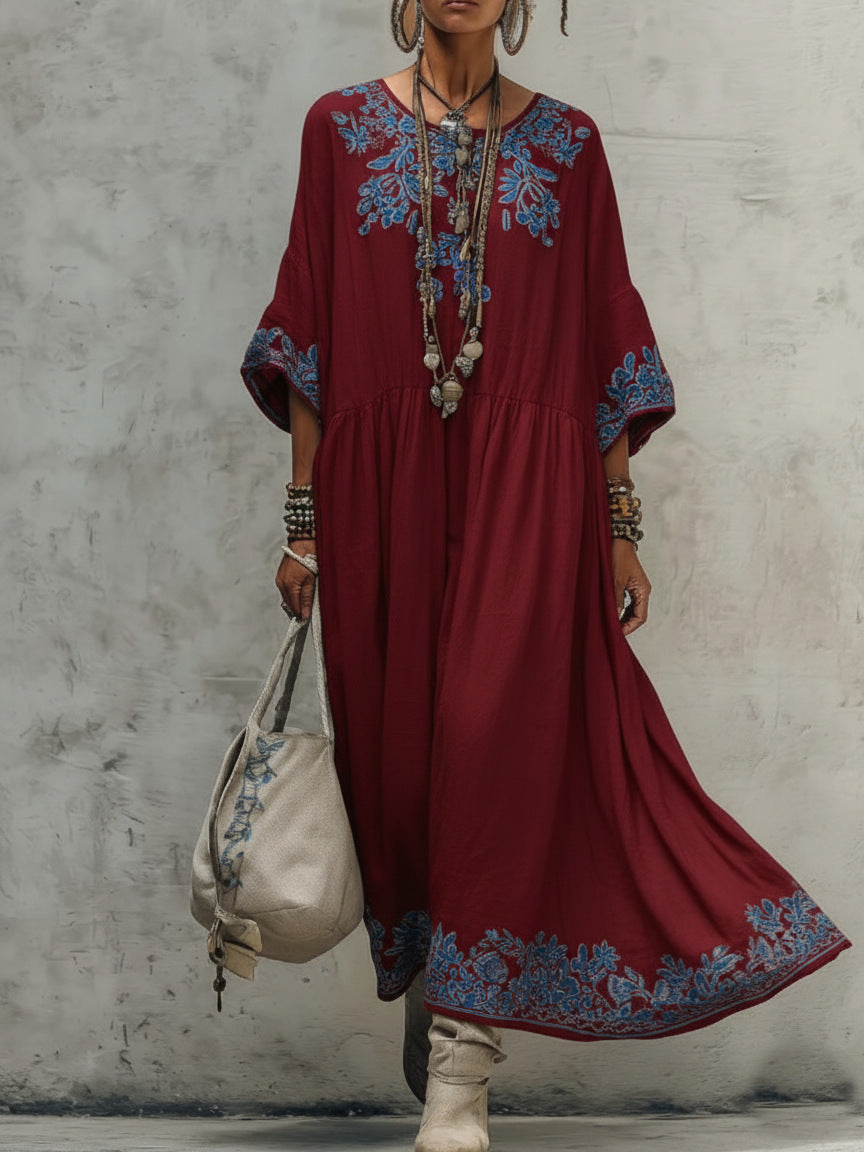 Floral Embroidery Gathered Waist Three Quarter Sleeve Kaftan Maxi Dress