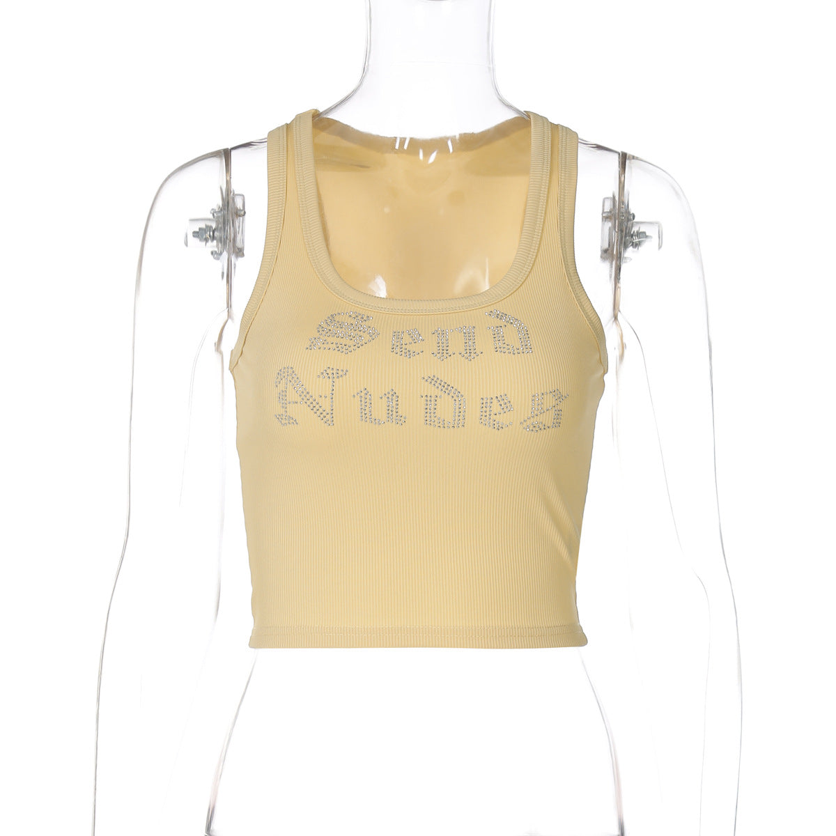 Trendy Letter Print Sleeveless Crop Top with Rhinestones