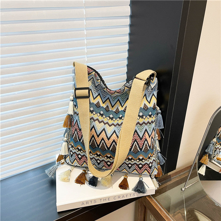 Boho Style Shoulder Bag with Fringe - Canvas Tote