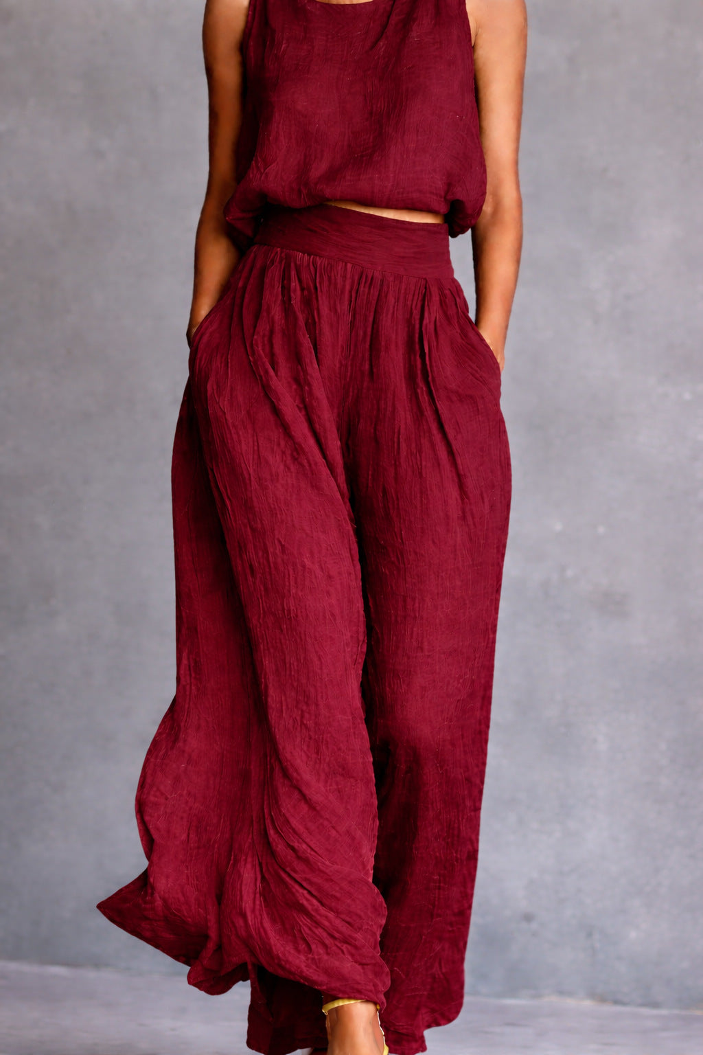 Chartreuse Textured Linen Matching Set, Sleeveless Tank Top & High Waist Flowy Wide Leg Pants