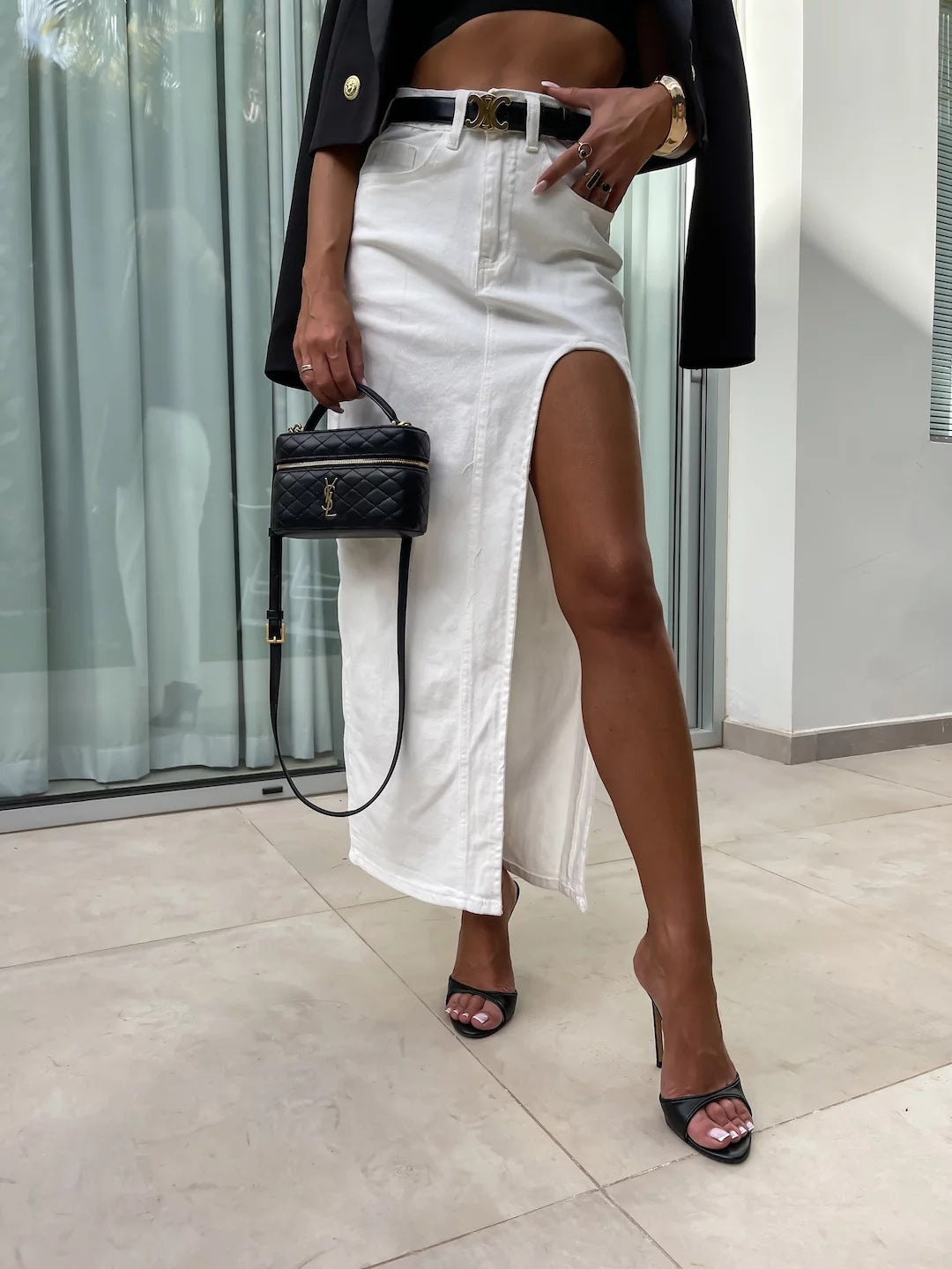 Vintage High-Waisted Denim Maxi Skirt with Slit