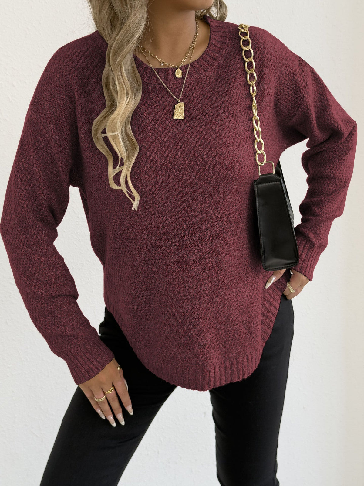 Women'S Casual Pullover Sweater Textured Fleece Round Neck