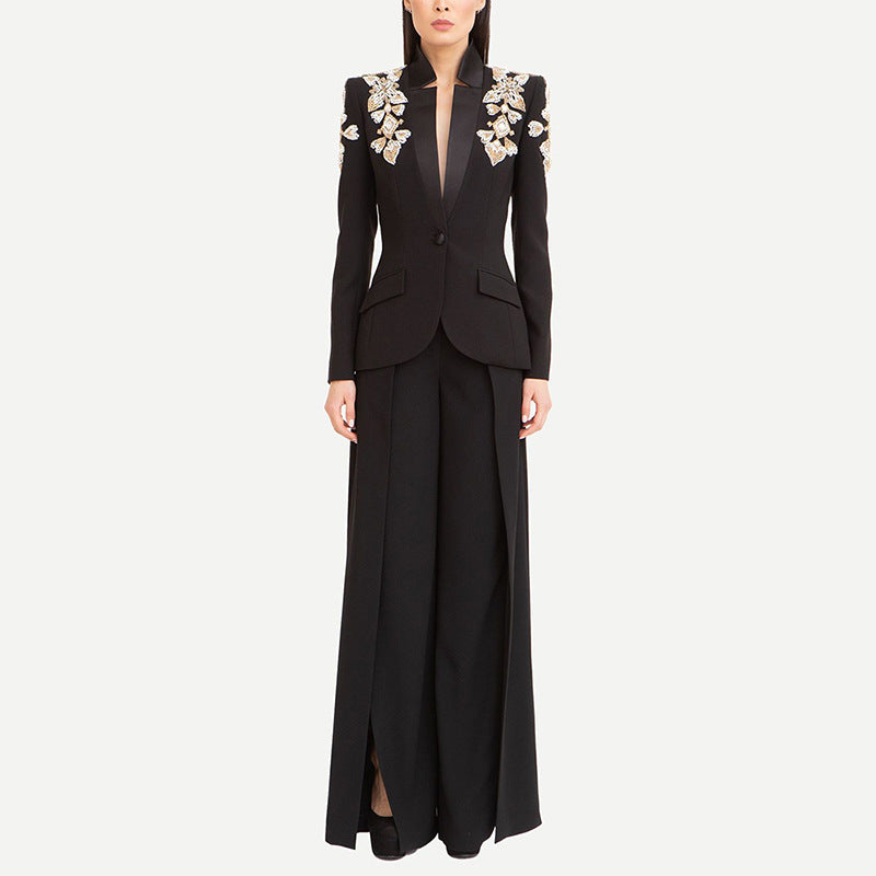 Trendy Black Blazer Suit Set With Sparkling Rhinestones