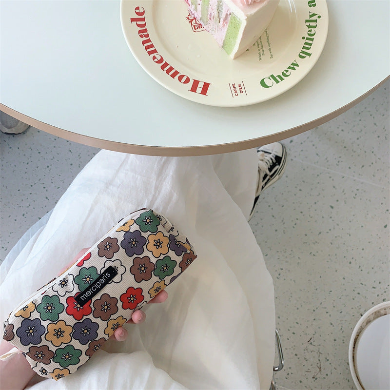 Corduroy Flower Jacquard Color Block Make Up Bag