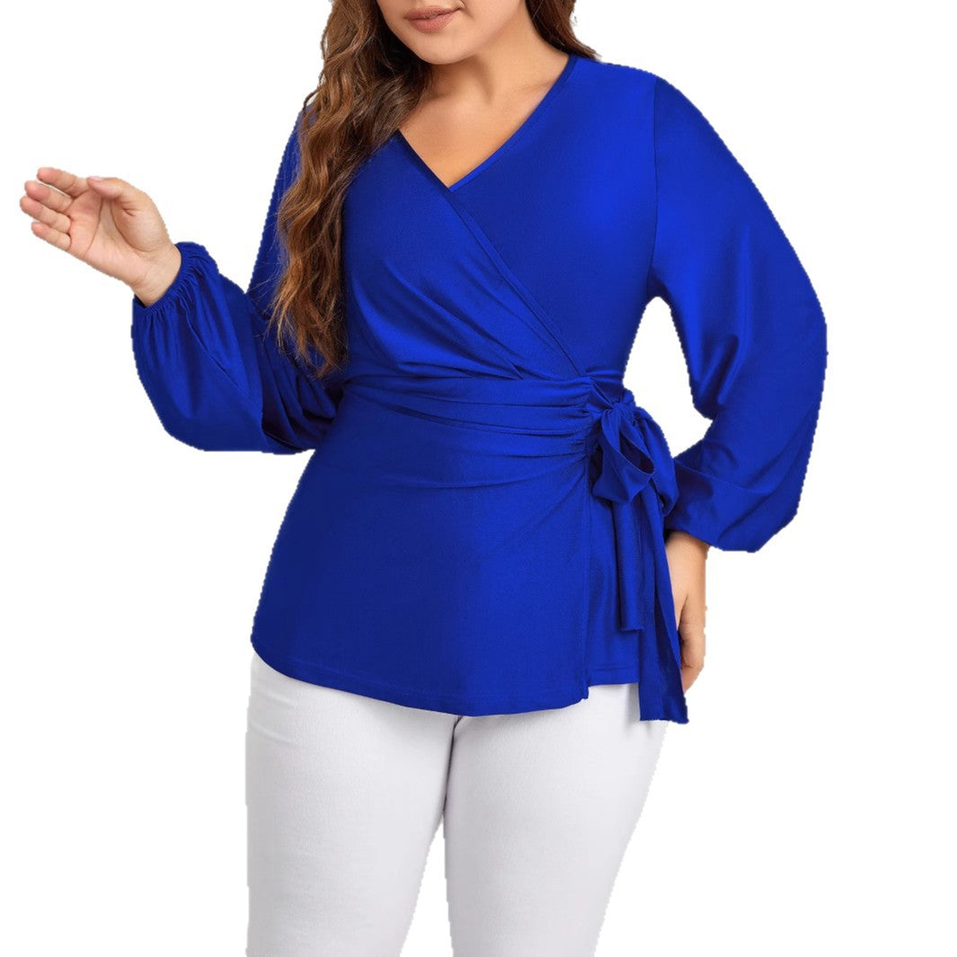Trendy V-Neck Tie Long Sleeve Plus Size Women's Blouse