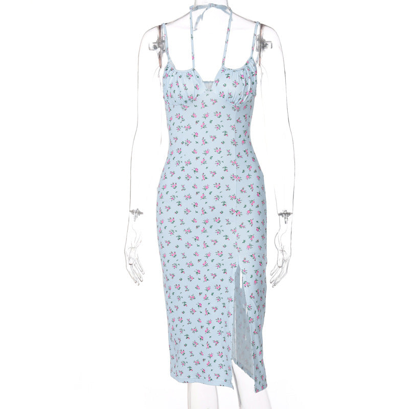 Floral Print Split Hem Sling Dress Comfortable Casual Wear