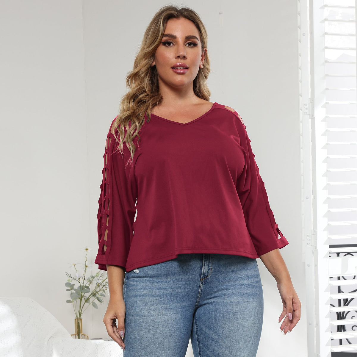 V-Neck Hollow Out Batwing Sleeve Plus Size Top