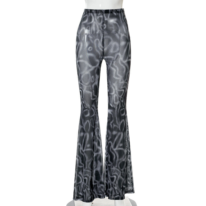 Printed High Waist Gauze Net Slightly Transparent Fashion Casual Women'S Horn Pants