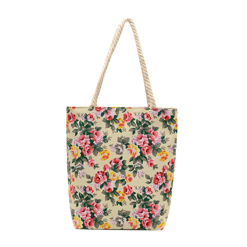 Trendy Floral Canvas Tote Bag Stylish Shoulder Bag