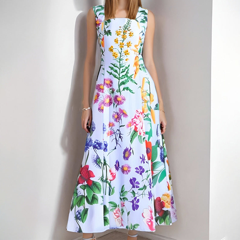Elegant Floral Print Backless Maxi Dress