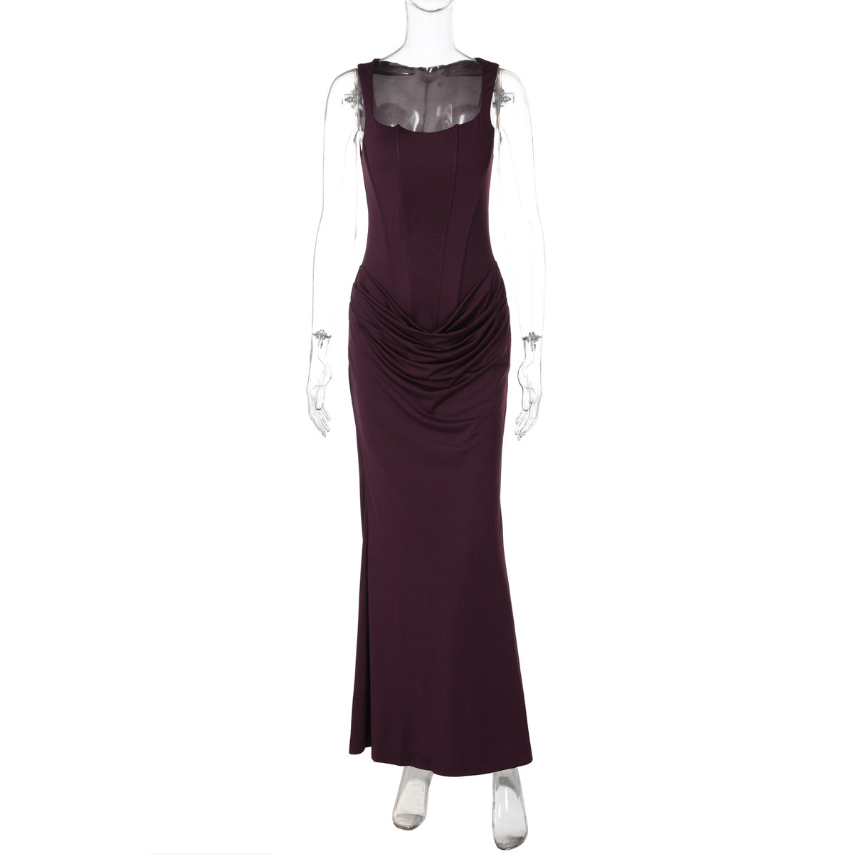 Elegant U-Neck Long Dress with Ruching