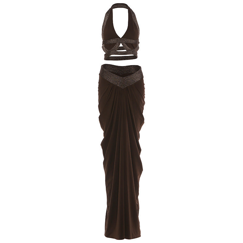 Trendy Sexy Cropped Halter Neck Top & Ruched Long Skirt Set