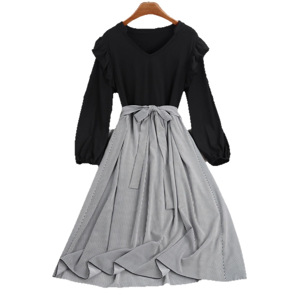 Striped A-Line Dress with Long Sleeves and Tie Waist