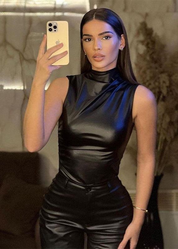 Asymmetric High Neck Eco Leather Top Sleeveless
