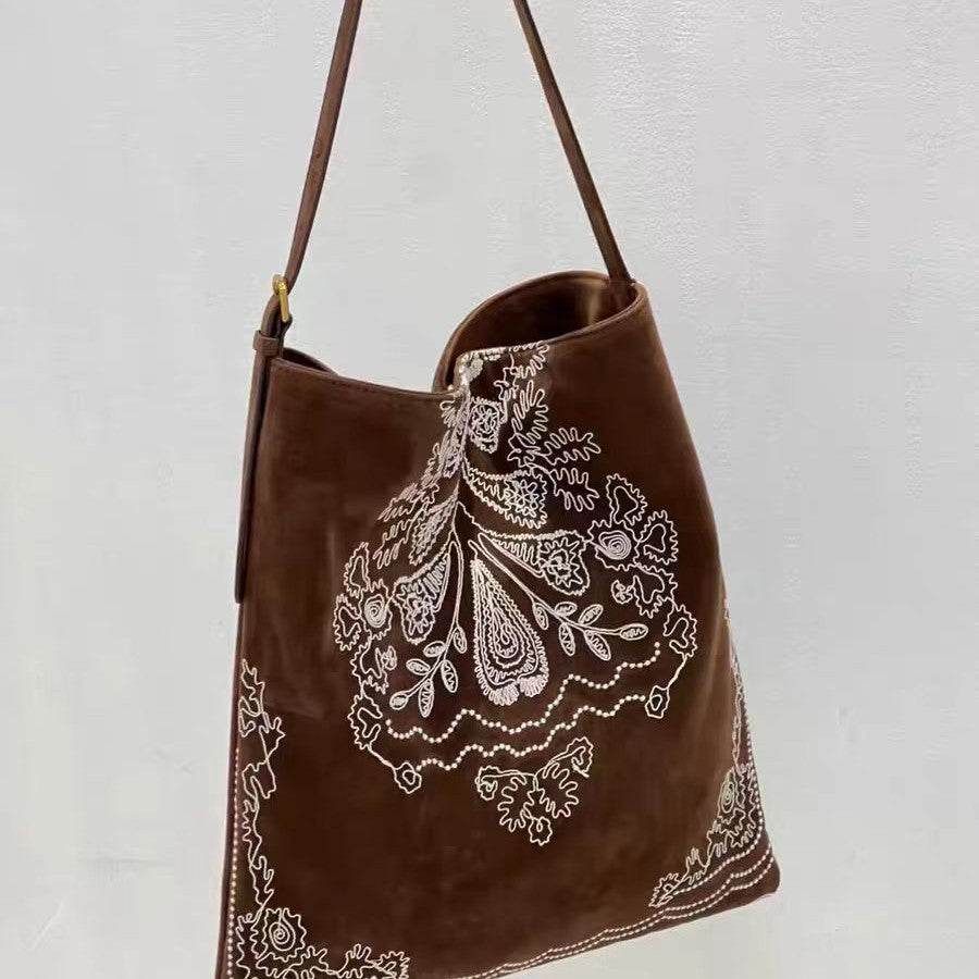 Boho Embroidered Large Capacity Suede Shoulder Bag