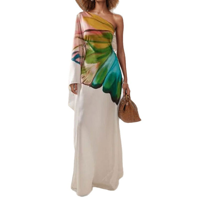 Elegant Floral Print One-Shoulder Maxi Dress