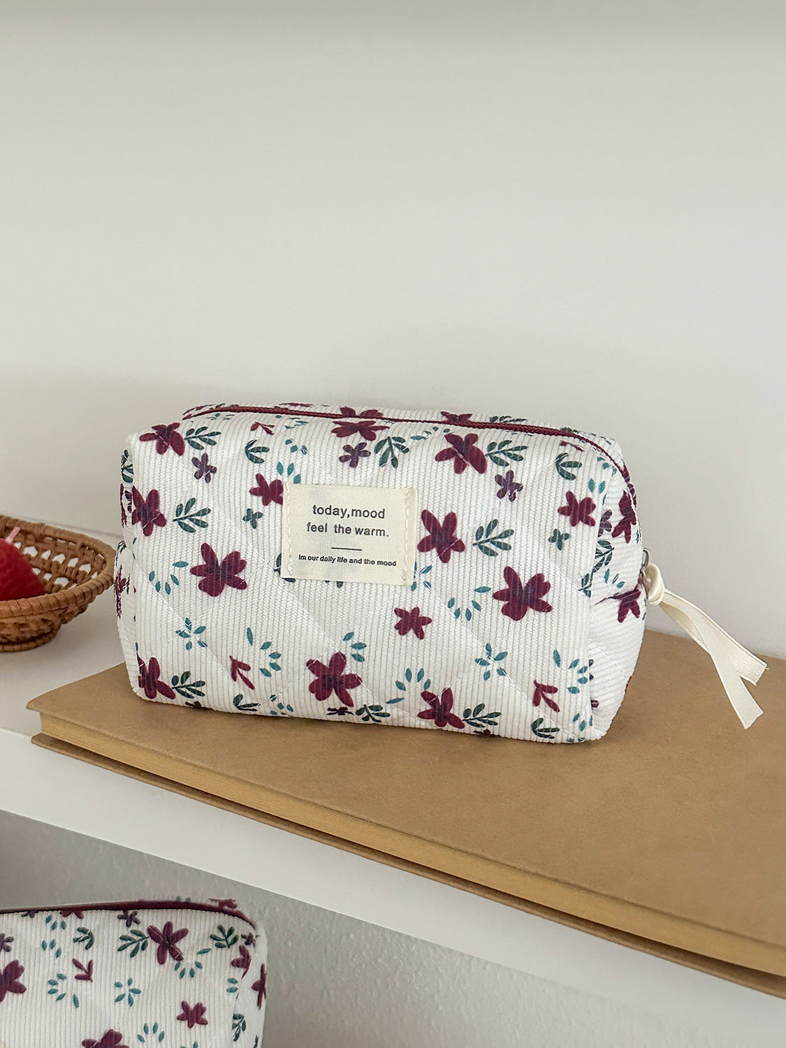 Burgundy Floral Corduroy Makeup Bag Large Capacity Travel Organizer