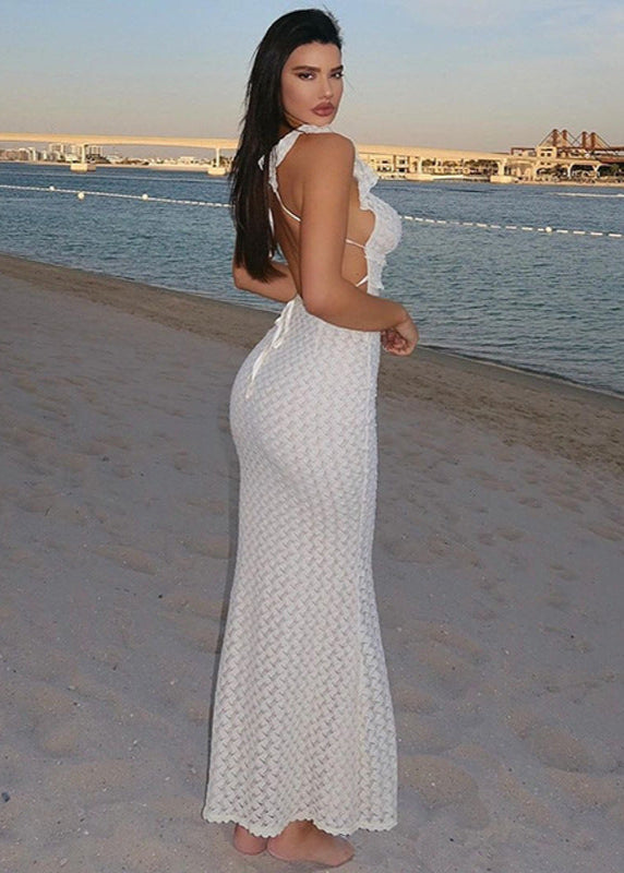 Crochet Lace Cutout Maxi Dress White Stretch Blend