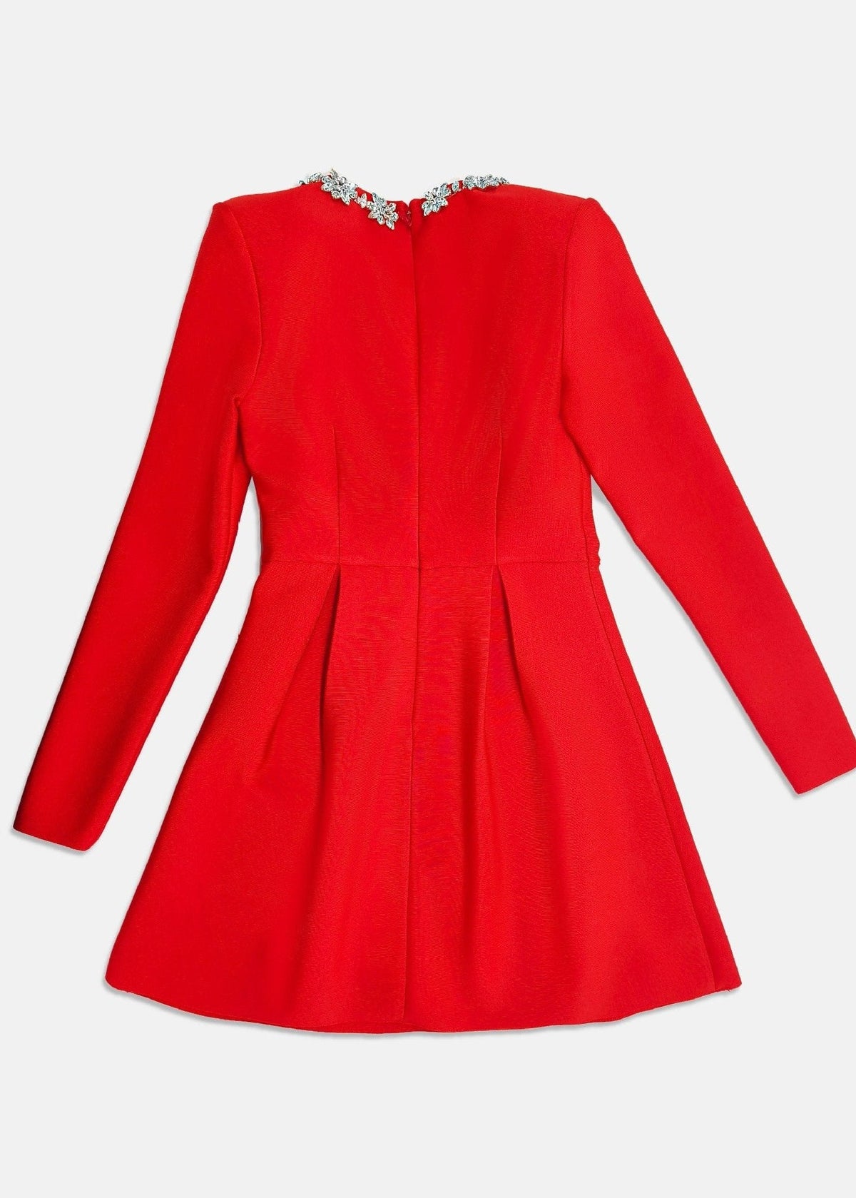 Floral Embellished Red Mini Dress With Long Sleeves