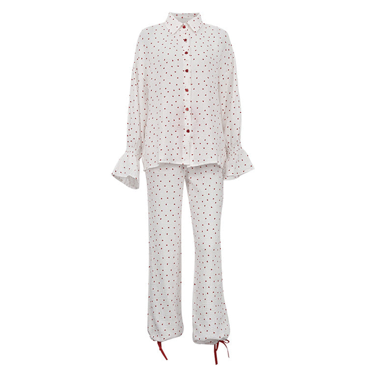 Heart Printed Cotton 3-Piece Set Casual Cardigan with Pants