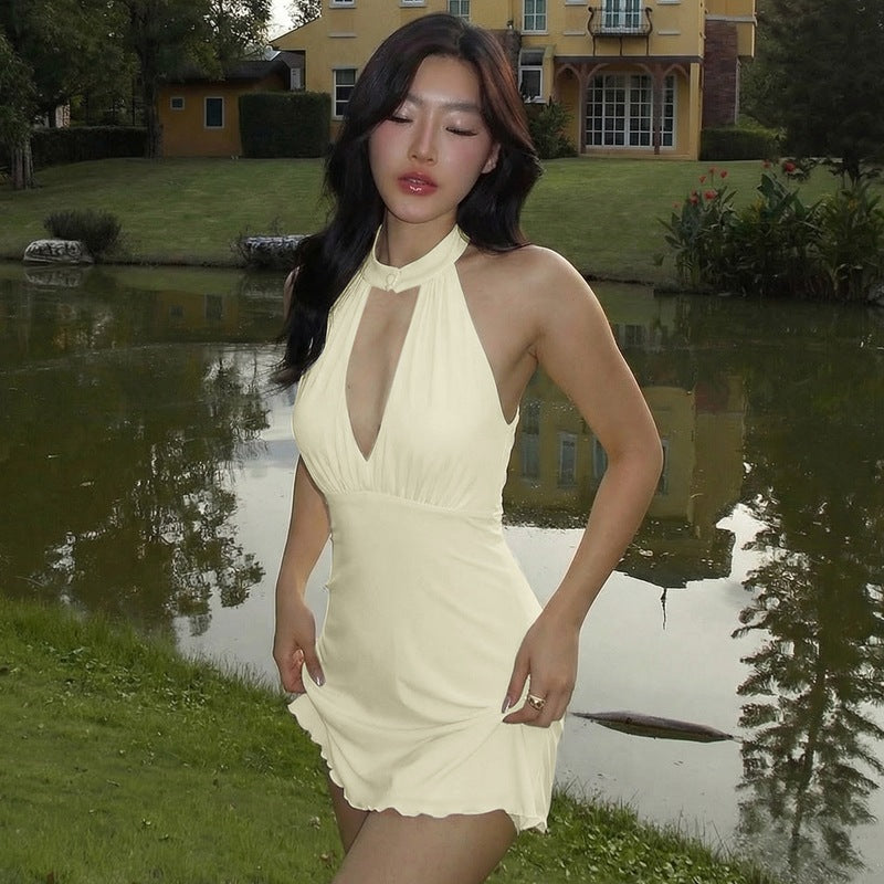 Sexy Backless Halter Dress with Buttons and Ruffled Hem