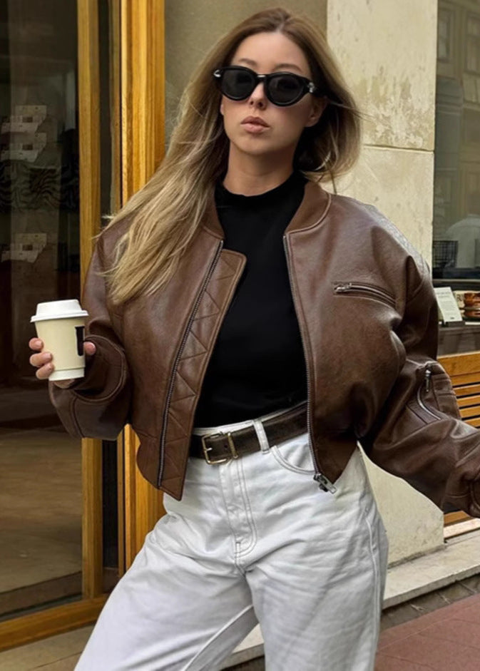 Cropped Faux Leather Bomber Jacket Brown Vintage Edge