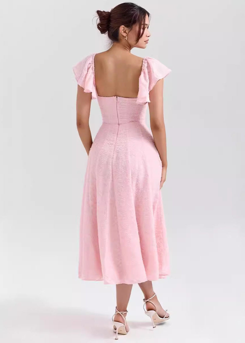 Textured Jacquard Flutter Sleeve Midi Dress