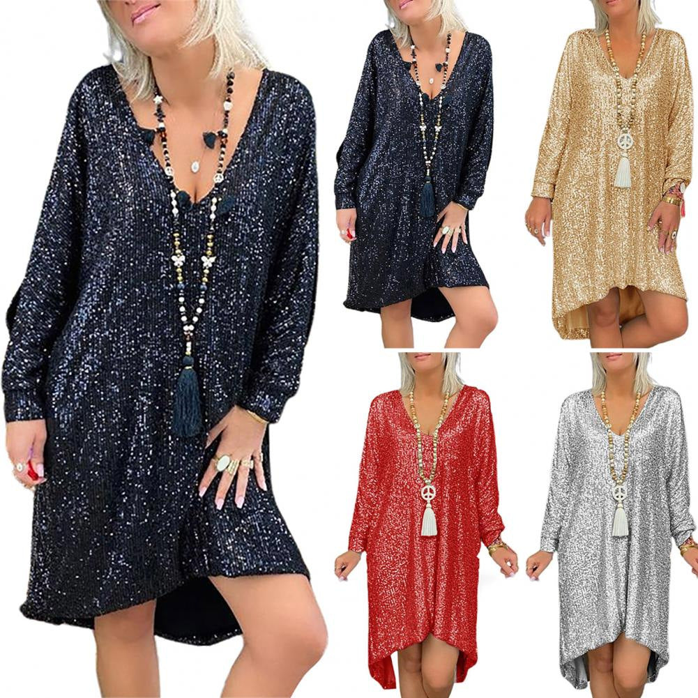 Sequin V-Neck Long Maxi Dress Casual Style