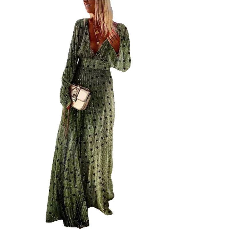 Green Gradient Polka Dot Maxi Dress With Deep V Neck