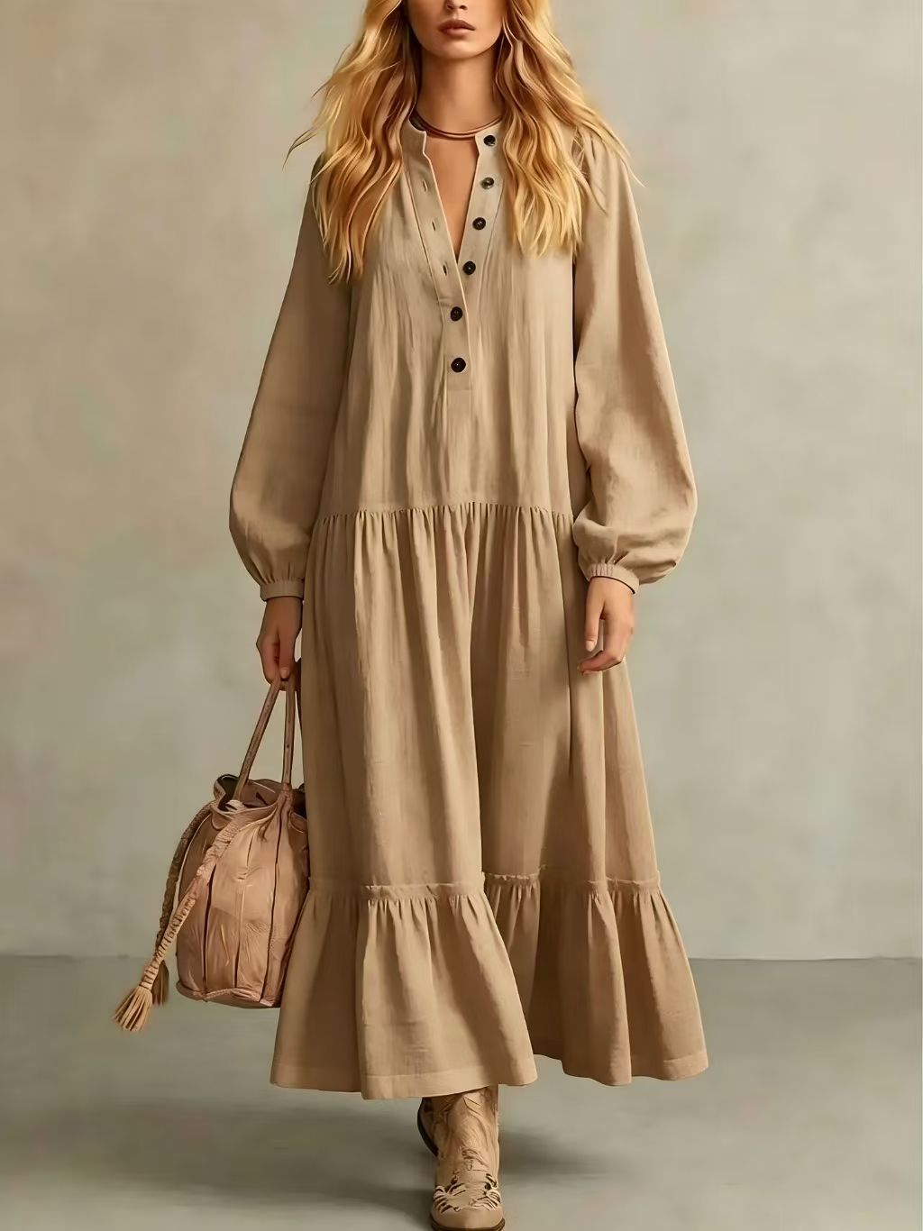 Crinkled Half Button Balloon Sleeve Tiered Ruffle Maxi Dress