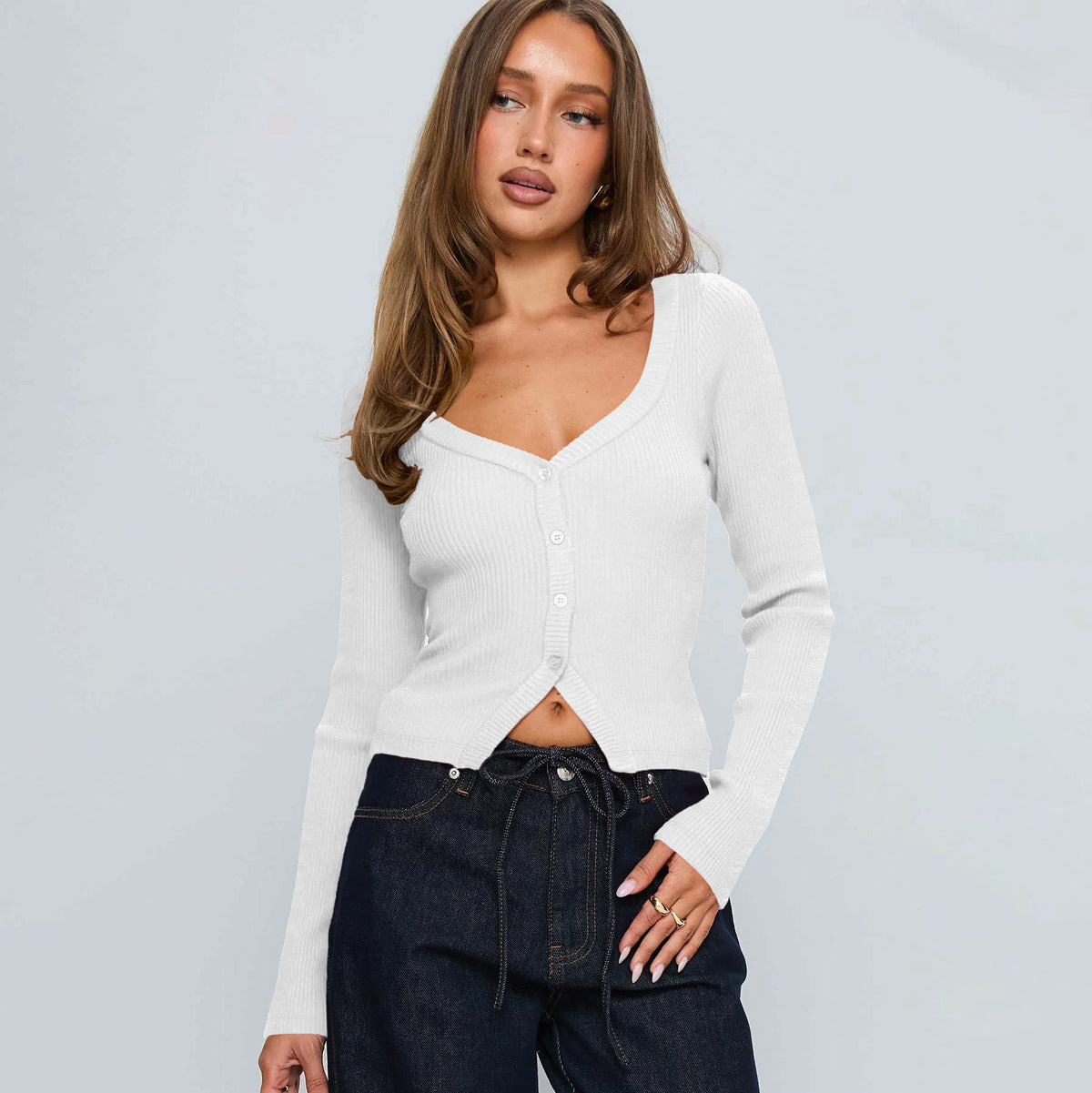 V-Neck Long Sleeve Cardigan Cozy Casual Top
