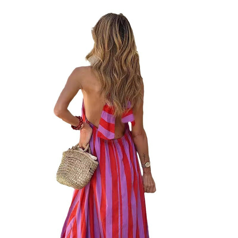 New Dress Neck Halter Striped Print Long Dress