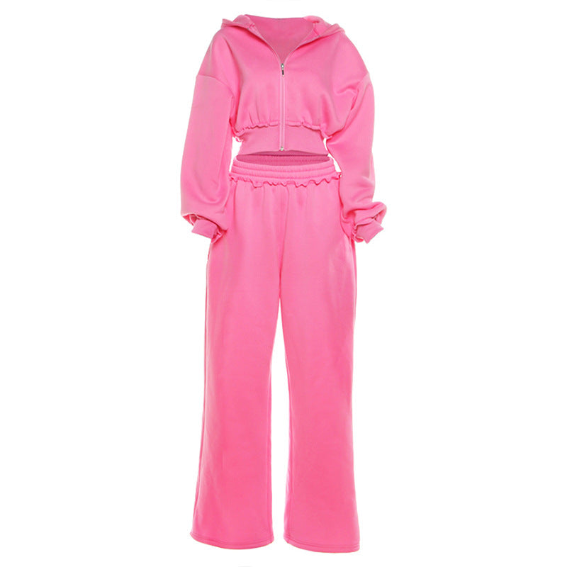 Crop Hooded Jacket And High-Waisted Wide-Leg Pants Set