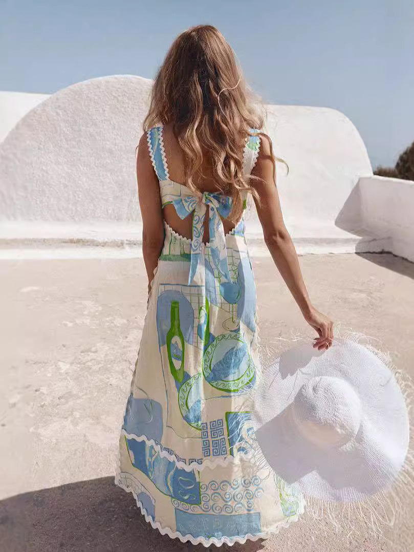 Floral Print Backless Bow Tie A-Line Dress