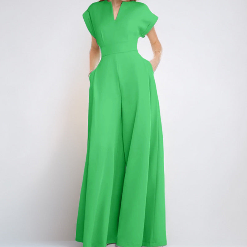 Elegant Solid Color High-Waisted V-Neck Wide-Leg Jumpsuit
