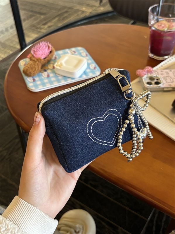 Denim Heart Embroidered Mini Coin Purse Wallets